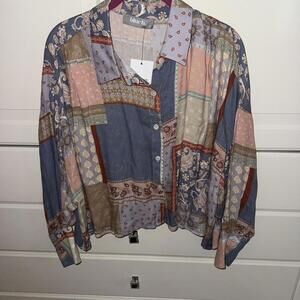 Blueb. blue patchwork button up shirt